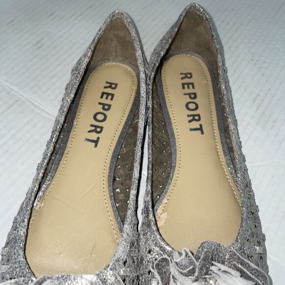 Report Flats Women’s Size 9 Silver Leather Peep Toe Ballet Flower Cutout Shoes - Picture 11 of 14